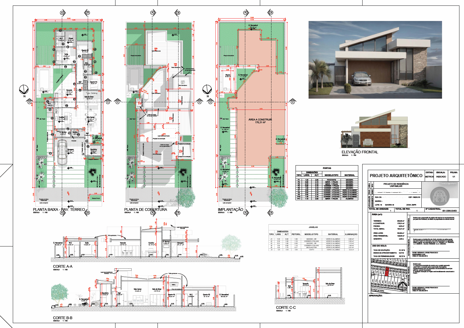 Projeto arquitetônico residencial moderno em 3D